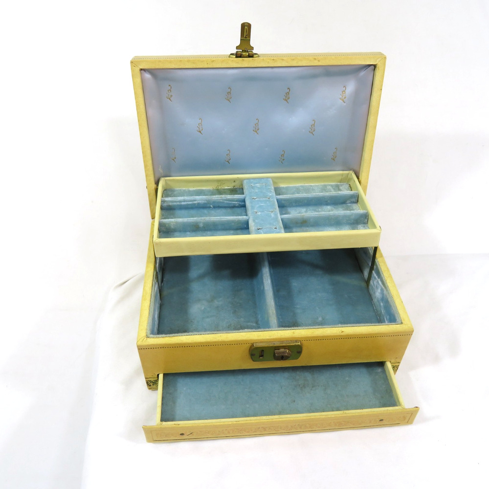 Jewelry Box 1970s 3 Drawer Gold/Black - Blue Velvet interior 10" x 7" x 4"